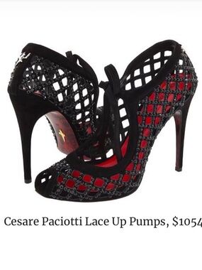 Cesare Paciotti Black Lattice Lace-Up Pumps with Red Lining